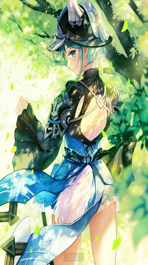 Anime girl with fox ears and tail in blue outfit
