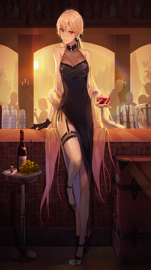 Anime girl in black dress holding red wine at a bar