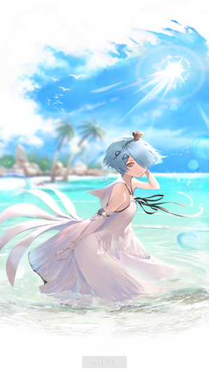Anime girl in white dress on a beach