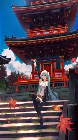 Hatsune Miku in front of a Japanese Temple