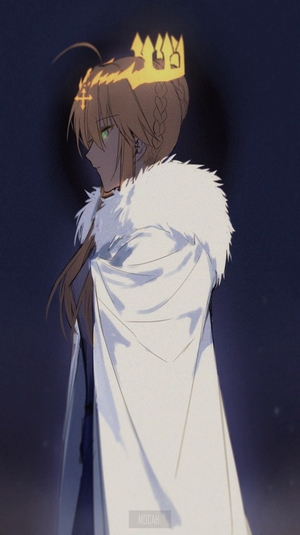 Saber from Fate Series with a Crown and Fur Cloak