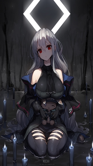 Anime girl with red eyes holding a teddy bear