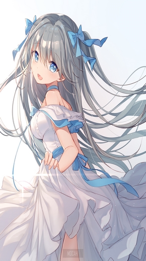 Anime girl with long gray hair and blue eyes