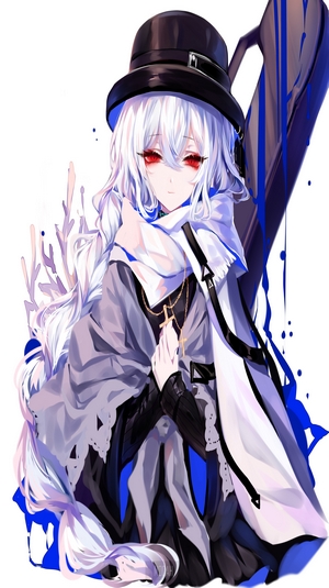 Anime girl with white hair and red eyes wearing a hat and scarf