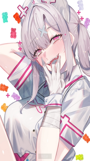 Anime girl in nurse outfit with gummy bears
