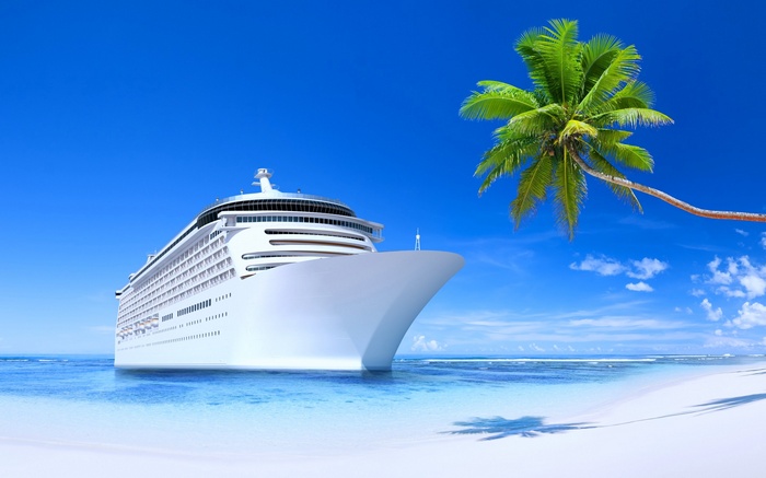Cruise Ship Near Tropical Island with Palm Trees