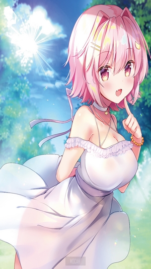 Anime girl with pink hair in a white dress