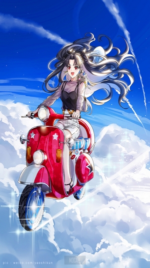 Anime girl riding a scooter in the sky