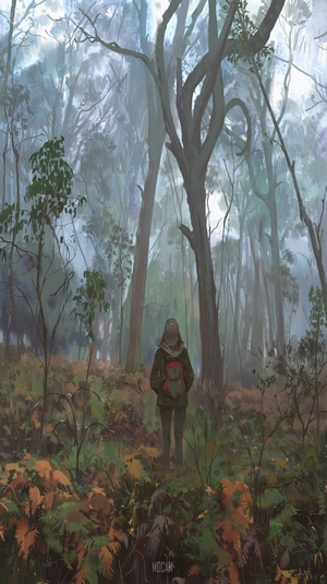 Anime girl with backpack in a foggy forest