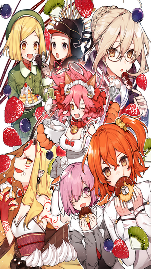 Anime girls eating sweets and fruits