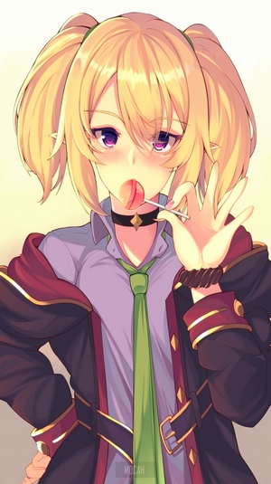 Anime girl with blonde pigtails eating a lollipop