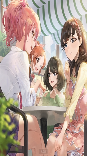 Four anime girls sitting at a table outdoors