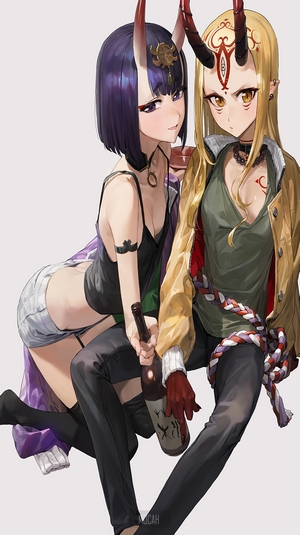 Two anime girls with horns holding a bottle