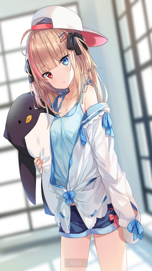 Anime Girl with Colorful Eyes and Penguin Plush