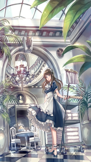 Anime Maid with Cleaning Cart in Grand Interior