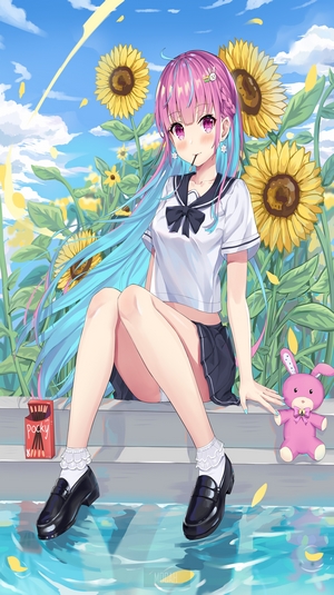 Anime girl with pink and blue hair in a school uniform