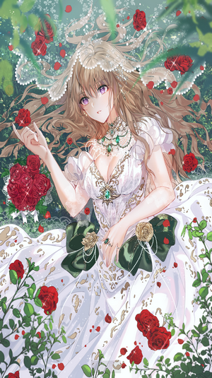 Anime girl in white dress with roses