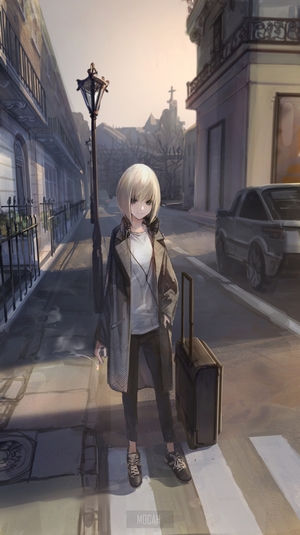 Anime girl with suitcase on street