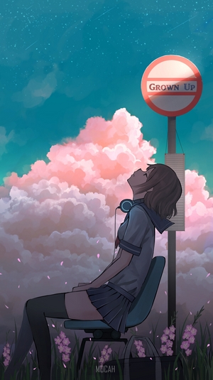 Anime girl with headphones at a bus stop
