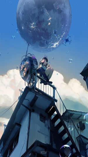 Anime girl with glasses on rooftop under giant moon