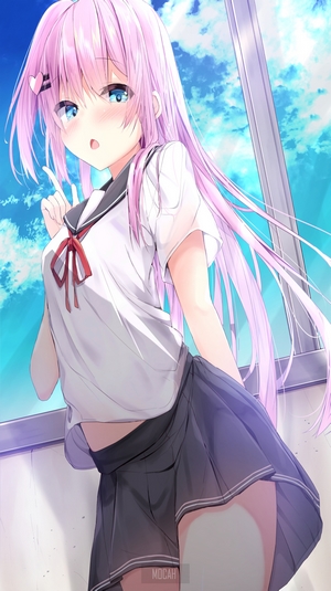 Anime girl with pink hair in school uniform