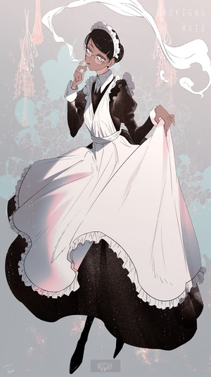 Anime maid smoking with flowers in background
