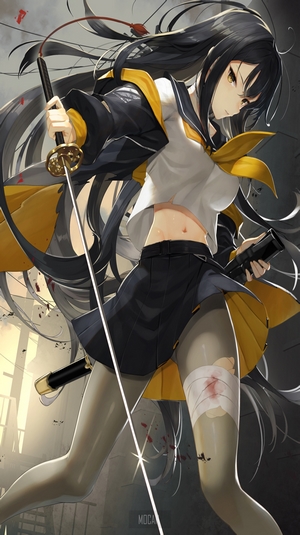 Anime girl with katana and gun
