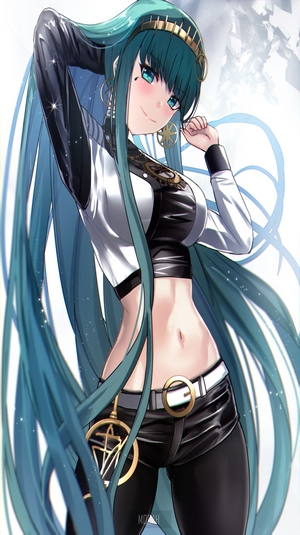 Anime girl with long teal hair and a black and white outfit