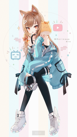 Anime girl with cat ears holding a plush toy
