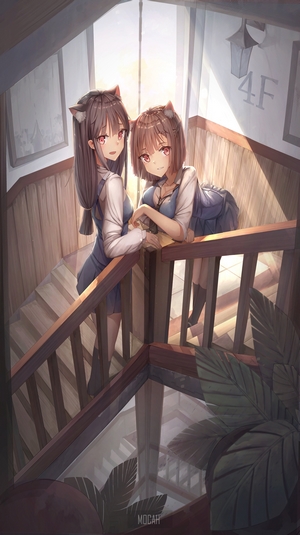 Two anime girls with cat ears on stairs