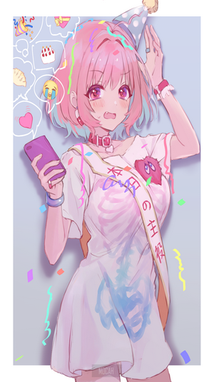 Anime girl with pink hair celebrating birthday