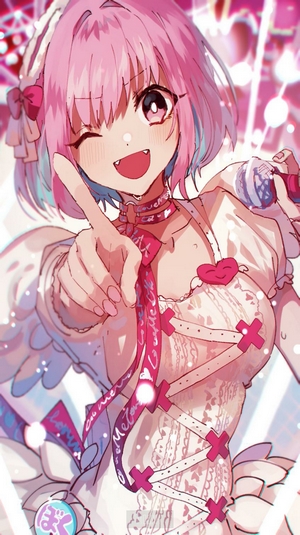 Anime girl with pink hair singing into a microphone