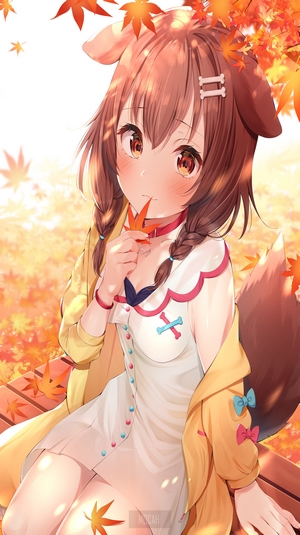 Anime girl with dog ears and autumn leaves
