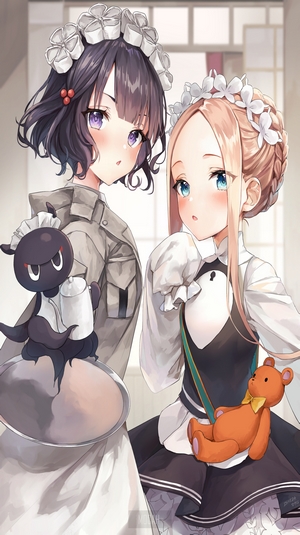 Two anime maids with a creature and a teddy bear