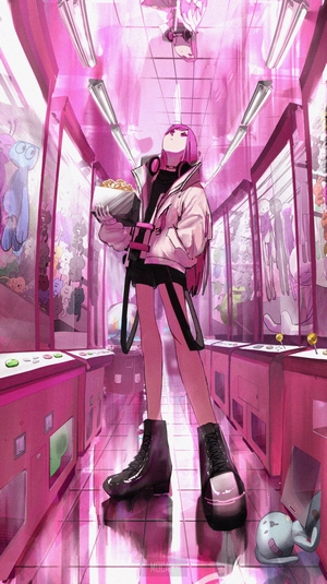 Anime girl with pink hair in arcade