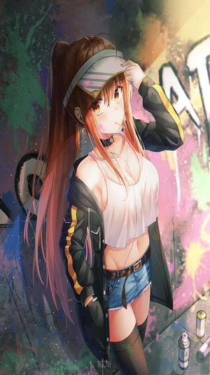 Anime girl with brown hair and visor