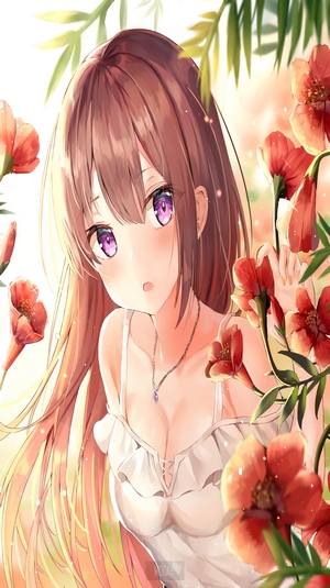Anime girl with purple eyes and brown hair in a white dress