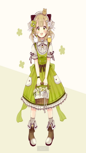 Anime girl in green dress holding flower basket