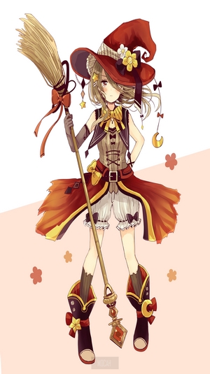 Anime girl witch with broom and staff