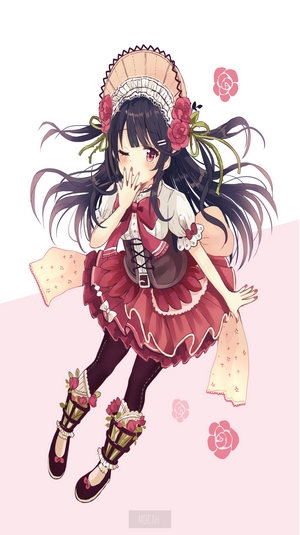 Anime girl with dark hair and roses