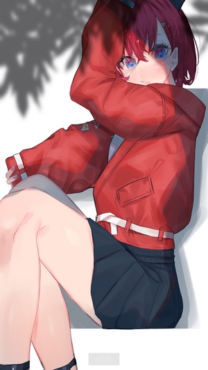 Anime girl with red hoodie and blue eyes