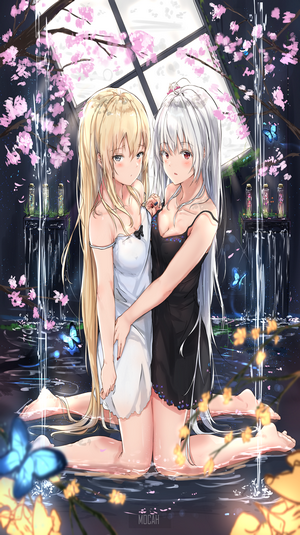 Two anime girls in wet dresses with cherry blossoms and butterflies