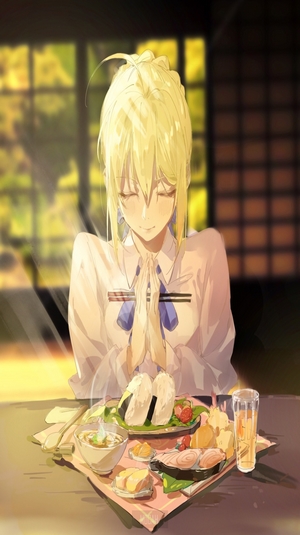 Saber from Fate/Stay Night eating breakfast