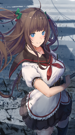 Anime girl with brown hair and blue eyes holding a sword