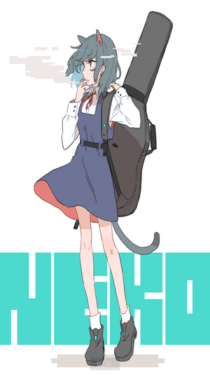 Anime cat girl with guitar case