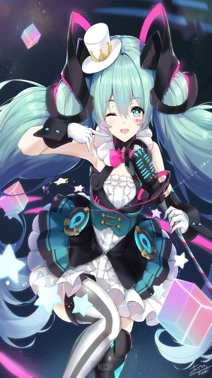 Hatsune Miku singing with microphone and stars