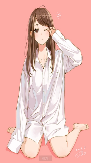 Anime girl in white shirt sitting on floor