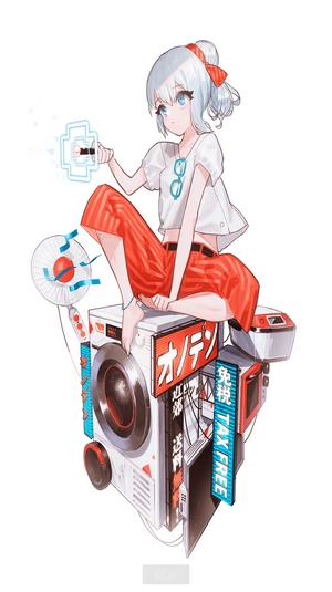 Anime girl with futuristic technology and appliances
