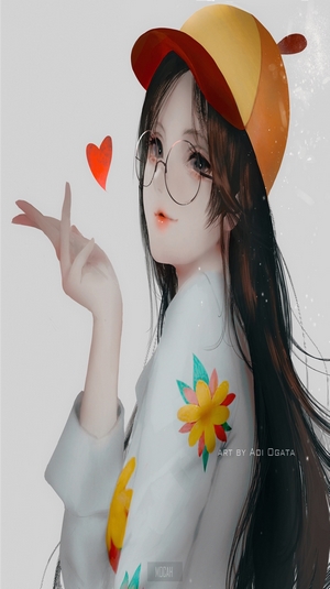 Anime girl with glasses and hat, art by Adi Ogata