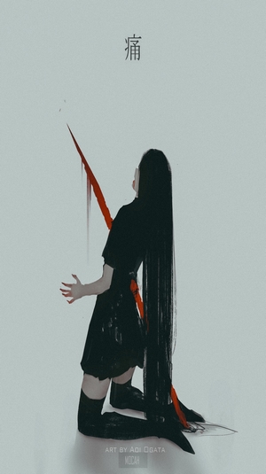 Girl with long black hair pierced by a red object